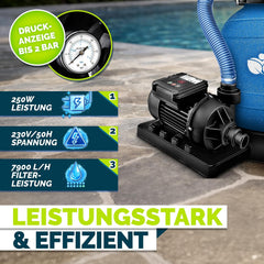 tillvex® Zandfilterinstallatie zwembad met timer 7.900L/u incl. 400g filterballen | Filterinstallatie 7-weg ventiel & 2in1 adapter Ø32mm - 38mm | zwembadfilter met drukweergave zandfilter zwembad