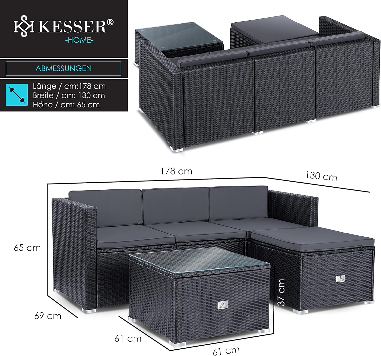 KESSER® Loungeset Polyrotan - 3-zitplaatsen - 3-4 personen - Antraciet