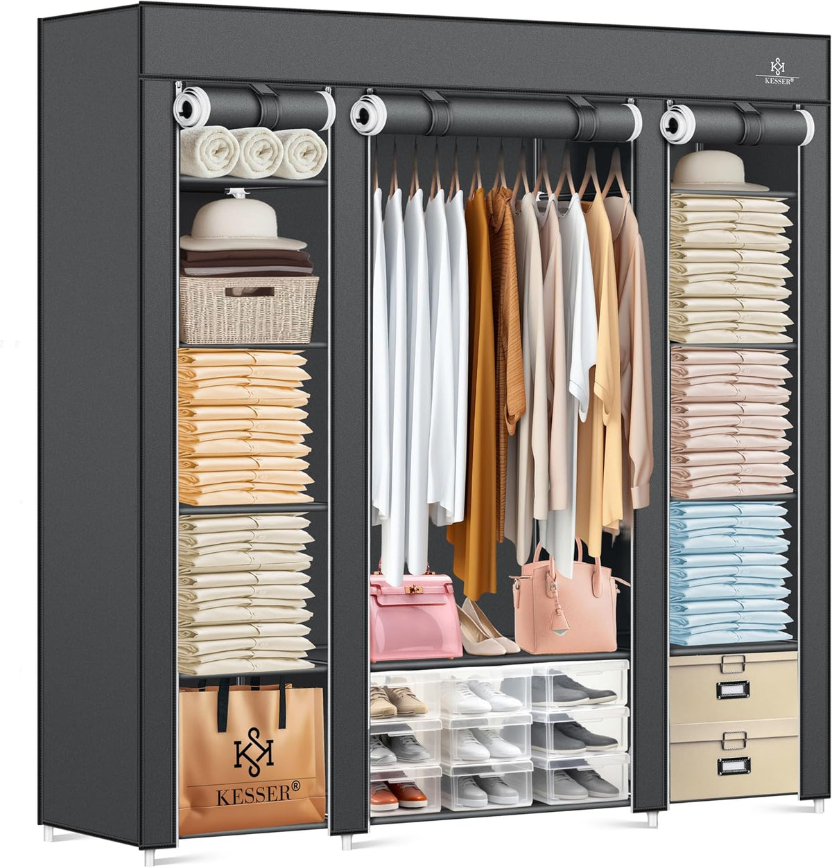 KESSER® Kledingkast stoffen kast stabiel met kledingstang en planken, incl. 5 x kleerhangers, stoffen vouwkast voor slaapkamer, kleedkamer garderobe met kledingrek 150x45x175cm antraciet