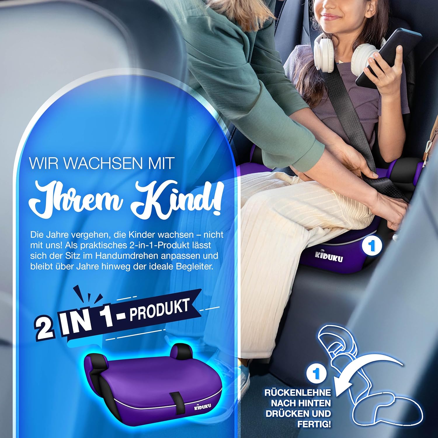 KIDUKU® Kinderzitje, 9-36 kg (1-12 jaar) met onderlegger voor kinderzitje, ECE R129/03, groep 1/2/3, autostoel, zwart/lila
