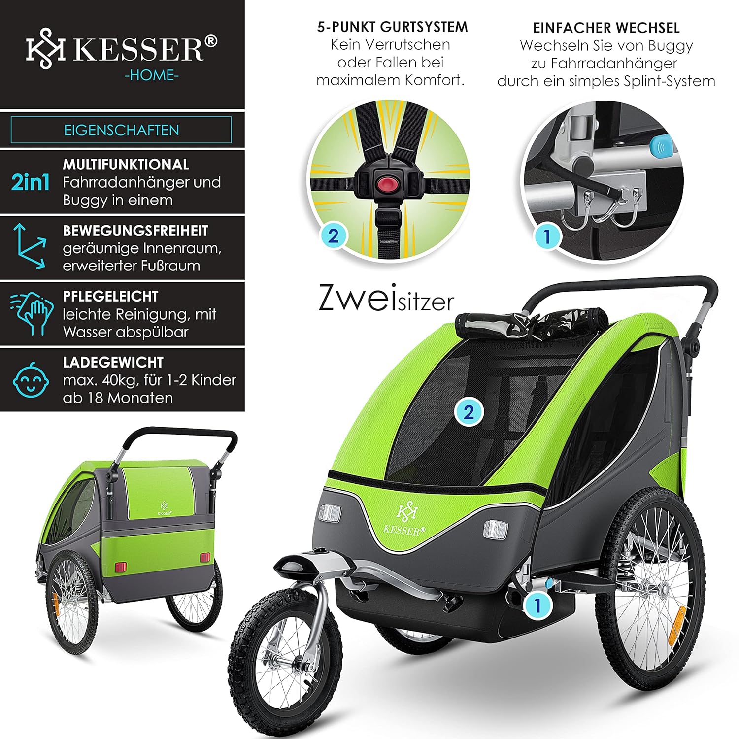 Fietskar kinderen - Fietsaanhanger - tot 40kg - Groen •