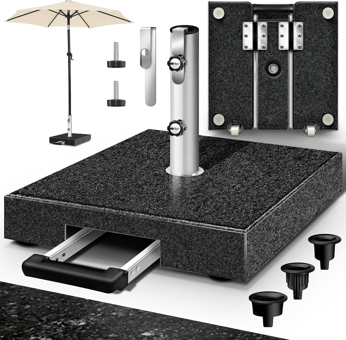 tillvex® Graniet Parasolstandaard met roestvrijstalen buis, parasolstandaard, parasol voor parasolstokken 16-48 mm en 300 cm, schermdiameter met transportgreep, antraciet, vierkant met trolley-handvat