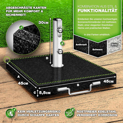 tillvex® Granit Parasolstandaard met wielen en transportgreep, 27 kg, vierkant, parasolvoet met roestvrijstalen buis, balkonparasolstandaard voor parasolstokken 16-48 mm en 250 cm diameter, zwart