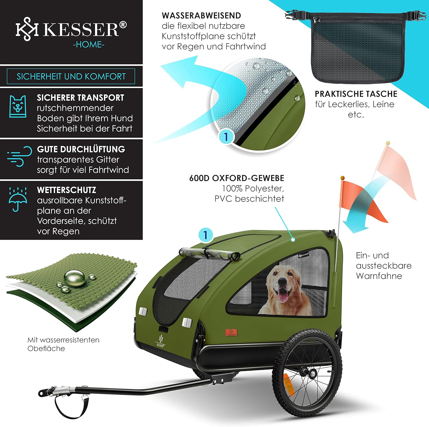 KESSER® Hundeanhänger Boxer 2-in-1 Hundebuggy Fahrradanhänger groß ca. 250L Volumen - Inkl. Fahne und Tasche - 600D Oxford Canvas, Klappbar SmartSpace Concept, max. 45kg