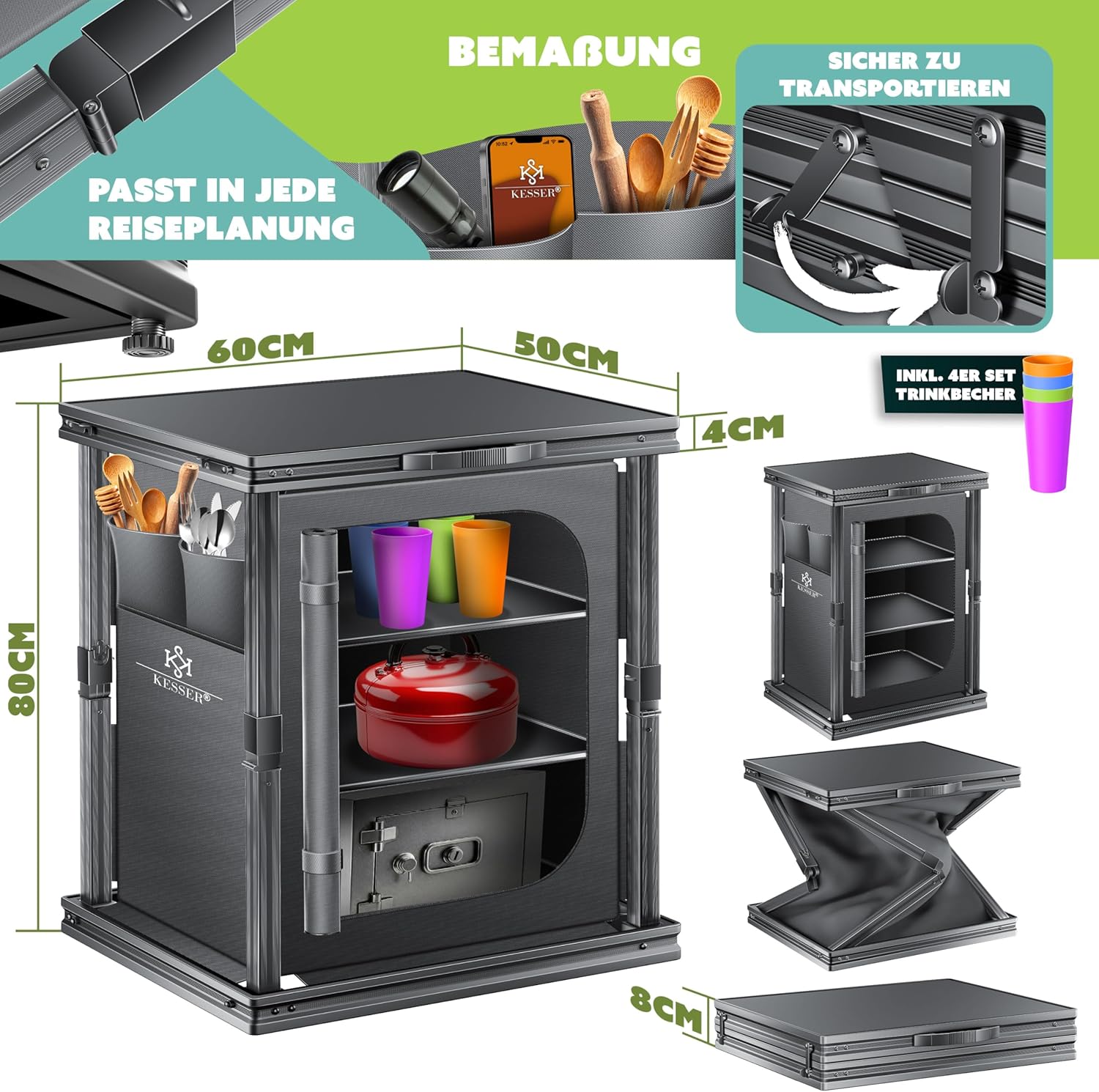 KESSER® Campingkeuken, opvouwbaar, outdoor campingkast, 60 x 80 cm, keukenkast met aluminium frame, 3 vakken incl. 4-delige bekerset, zijvakken en vliegengaas, campingkeuken van UV-bestendige stof