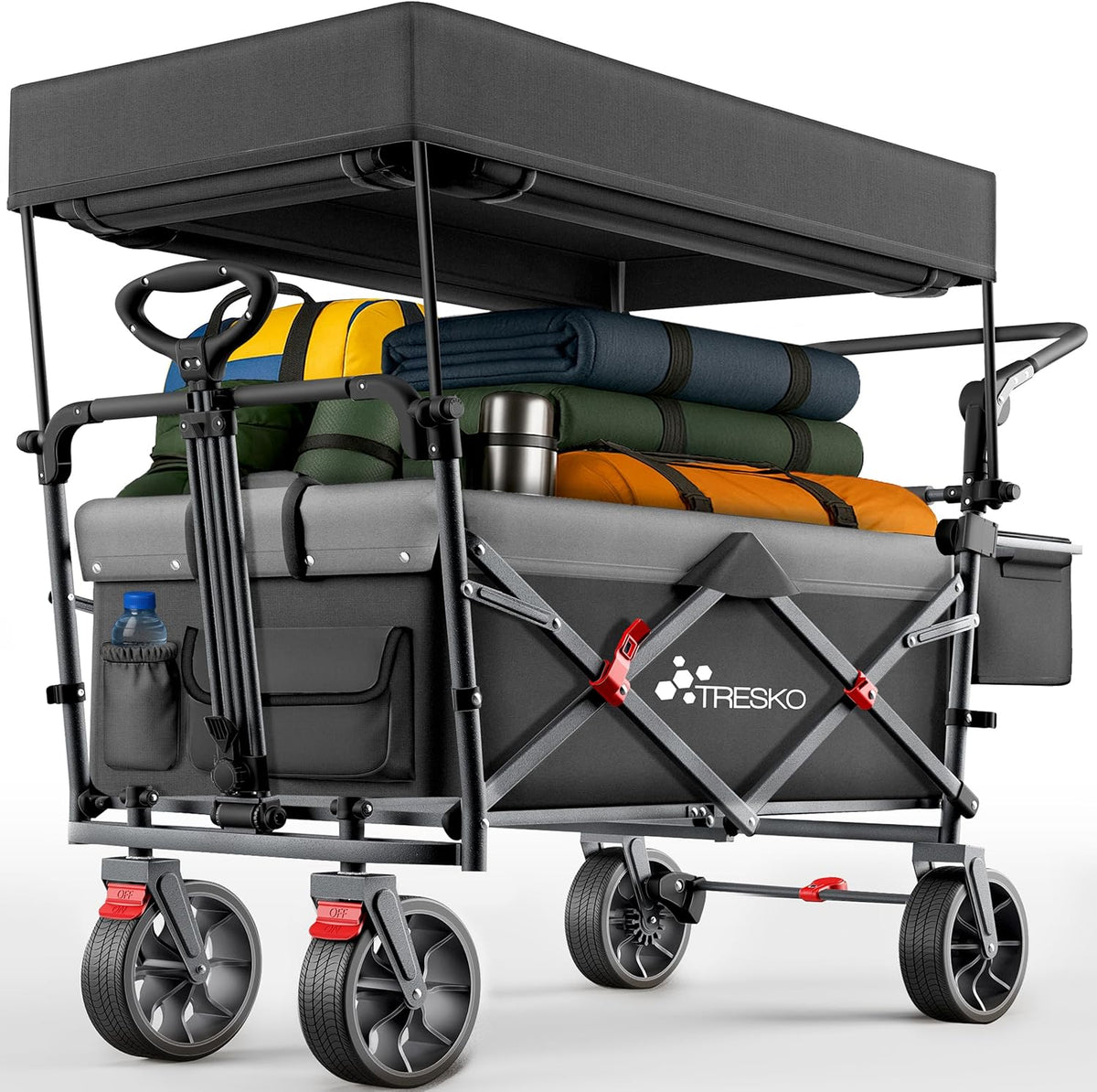 TRESKO® Opvouwbare bolderkar met dak, koelvak en zijrolluiken, handwagen, max. belastbaar tot 150 kg, transportwagen met massief rubberen banden en parkeerremmen (voor en achter) en 3-punts gordel