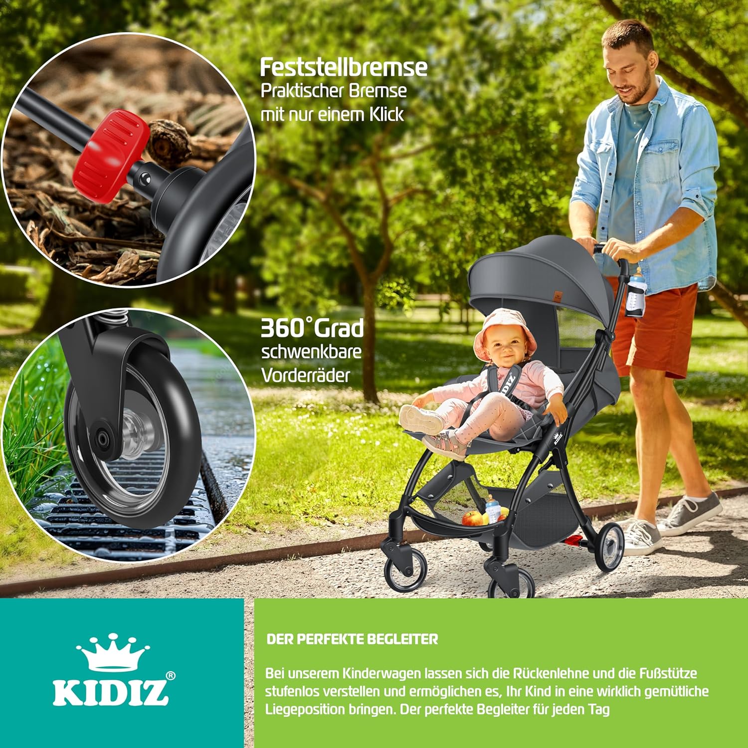 KIDIZ® Kinderwagen - Wandelwagen - Kinderbuggy - Antraciet