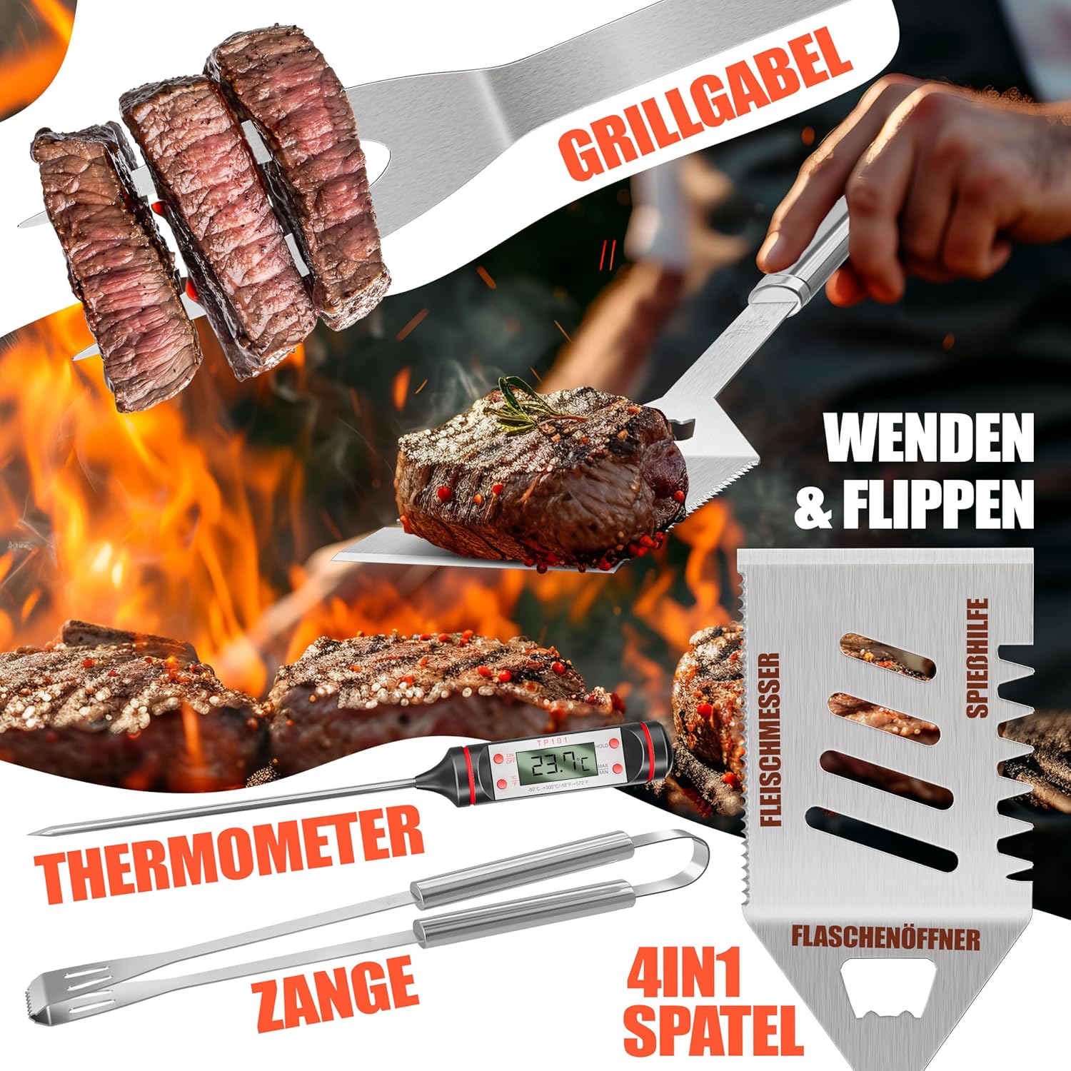 KESSER® Barbecuebestekset, 37-delig, van roestvrij staal, grillset met grilltang, grillspatel, grillvork, grillspies, thermometer, kurkentrekker, grillmat en tas
