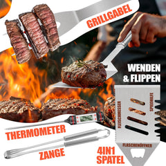 KESSER® Barbecuebestekset, 37-delig, van roestvrij staal, grillset met grilltang, grillspatel, grillvork, grillspies, thermometer, kurkentrekker, grillmat en tas