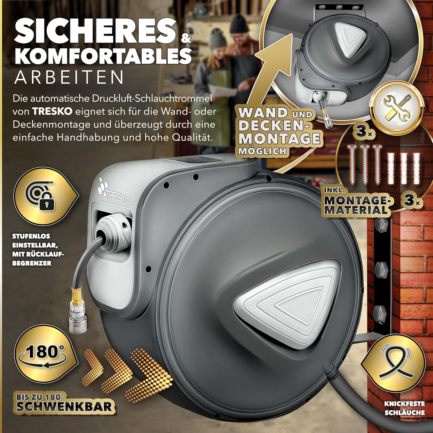 TRESKO® Automatische Luchtslang - 15M - Slanghaspel - Grijs •