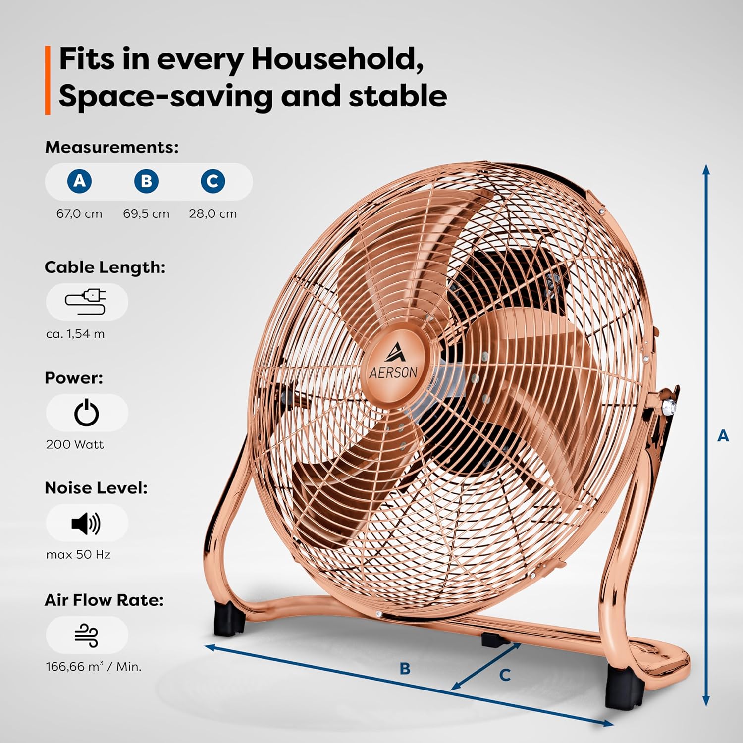 Aerson Vloerventilator - 60cm - 3 standen - 200W - Koper