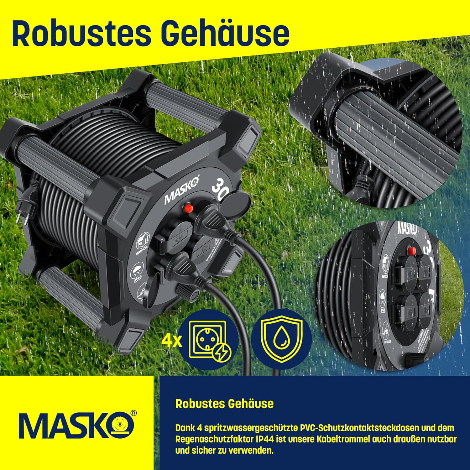 Masko® Kabelhaspel 20 m, verlengkabel met geaarde stopcontacten en wikkelgreep, outdoor kabelhaspel thermobescherming, apparaattrommel IP44, 1000 W ~ 3000 W, inclusief draaggreep en