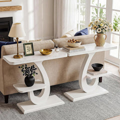 Tribesigns Smalle consoletafel, wit, 100 cm, moderne haltafel met marmerlook, tafelblad en legplank, banktafel voor entree, hal, woonkamer, achter de bank, foyer