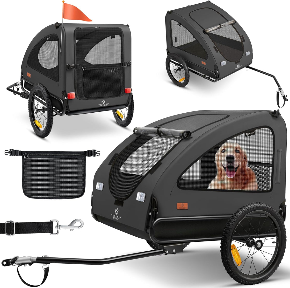 KESSER® Hundeanhänger Boxer 2-in-1 Hundebuggy Fahrradanhänger groß ca. 250L Volumen - Inkl. Fahne und Tasche - 600D Oxford Canvas, Klappbar SmartSpace Concept, max. 45kg