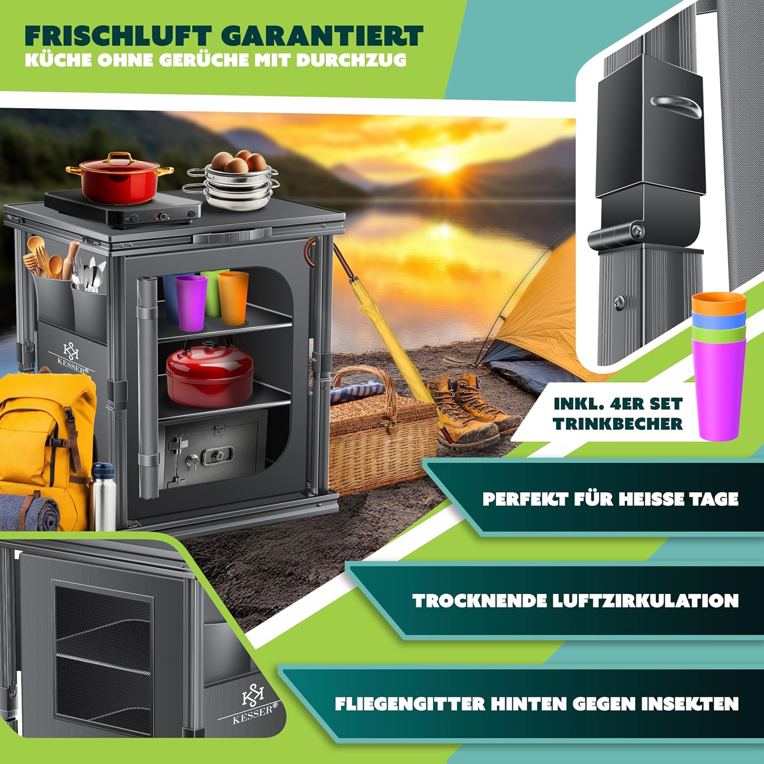 KESSER® Campingkeuken, opvouwbaar, outdoor campingkast, 60 x 80 cm, keukenkast met aluminium frame, 3 vakken incl. 4-delige bekerset, zijvakken en vliegengaas, campingkeuken van UV-bestendige stof