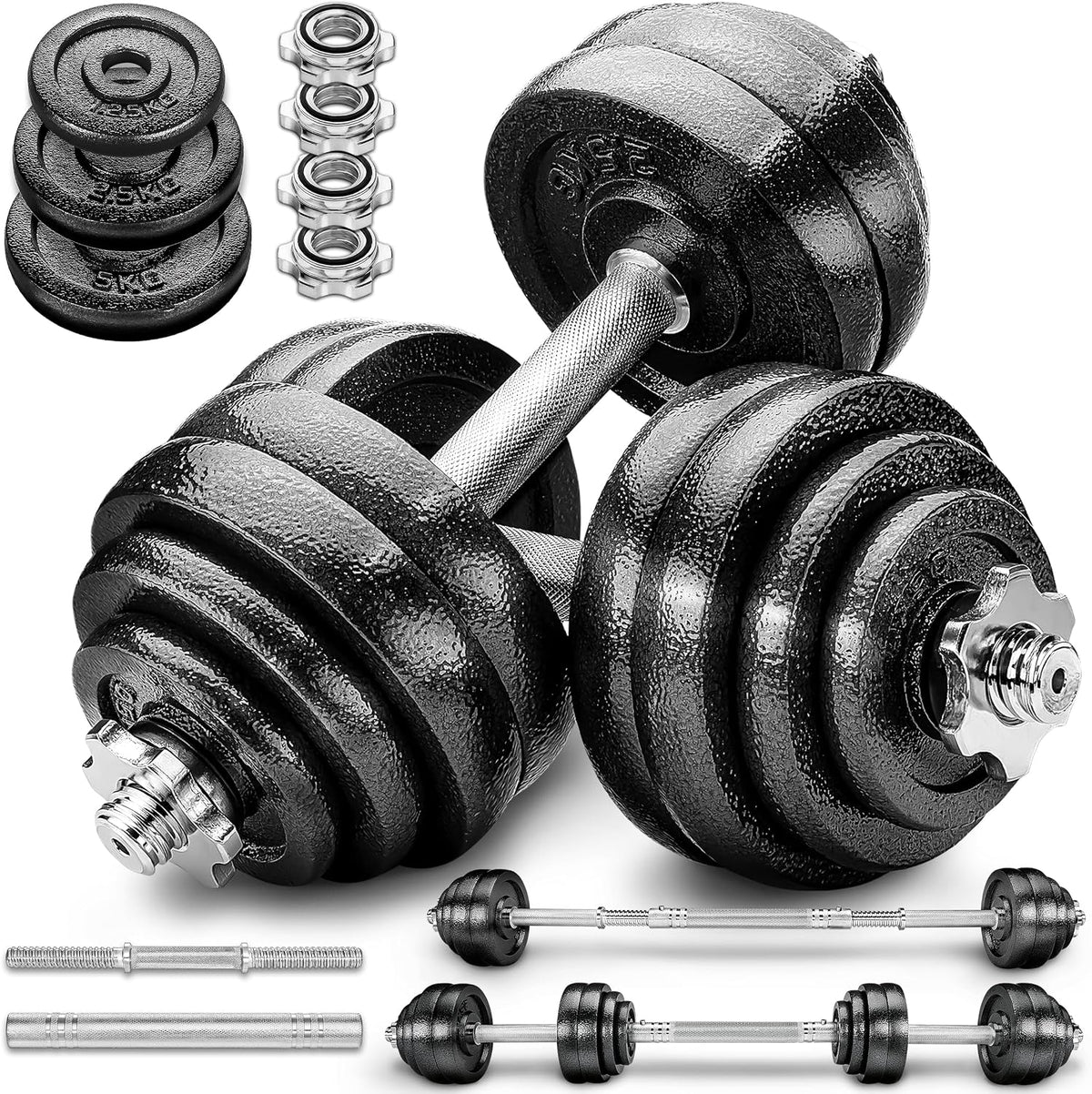 RE:SPORT 2-in-1 halterset, 60 kg, halterset van gietijzer, verstelbaar, korte halter en lange halter, stersluitingen en verbindingsbuis