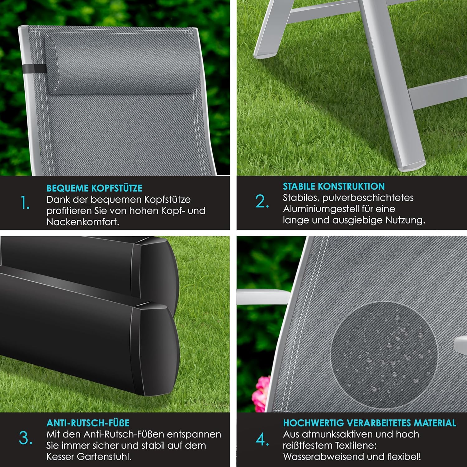 KESSER® Tuinstoel met hoge rugleuning met armleuningen, aluminium klapstoel met hoofdkussen en afdekking, campingstoel, 7-voudig verstelbare rugleuning, ademend en weerbestendig