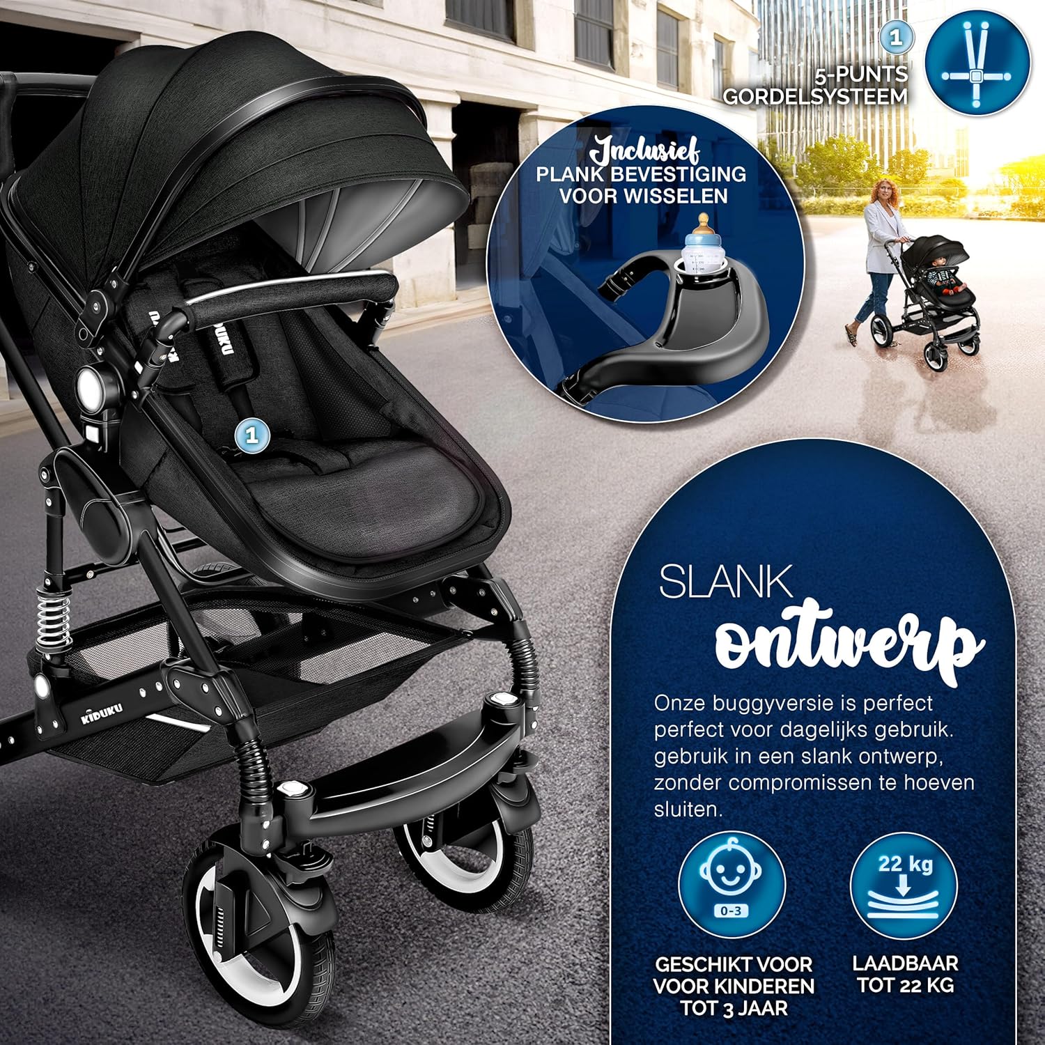 Kinderwagen 3 in 1 - Buggy - Wandelwagen - Kinderbuggy - Zwart - KIDUKU®