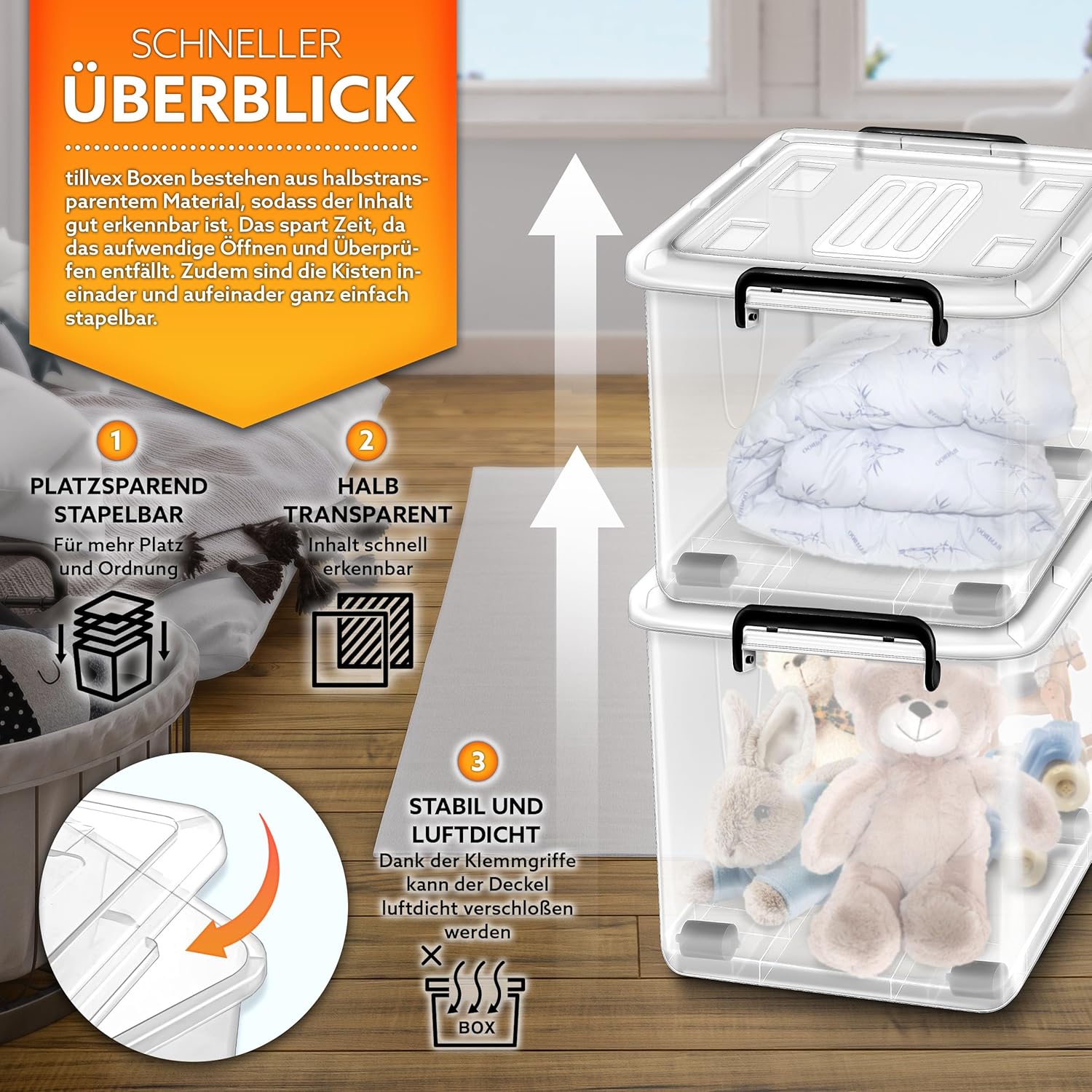 tillvex Opbergdozen met deksel, geschikt voor levensmiddelen, kunststof boxen, stapelbaar, opbergsysteem, grote opbergdoos, kledingdozen, 100% nieuw materiaal (set van 4, 27 liter)