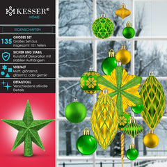 KESSER® Kerstballen, 135-delige set, met piek, kunststof kerstballen, onbreekbaar, met plastic kerstballen, box, kerstboomdecoratie en kerstboomversiering, groen/goud
