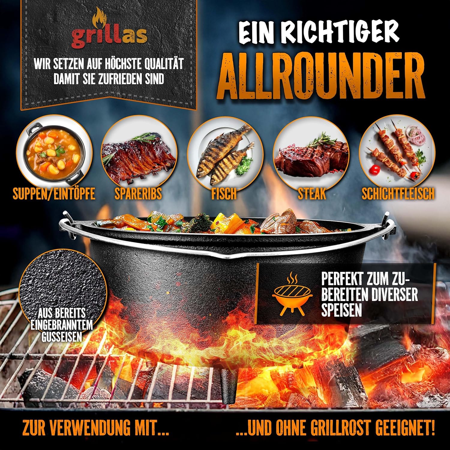 Grillas® Dutch Oven Set - 9L - Vuurpan - Stoofpan - Gietijzeren pan