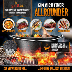 Grillas® Dutch Oven Set - 9L - Vuurpan - Stoofpan - Gietijzeren pan
