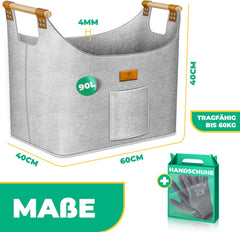 KESSER® Brandhoutmand 90 liter | Brandhouttas extra dik vilt | opvouwbare brandhoutmand met versterkte houten handgrepen | opbergmand voor hout, krant of brandhout | incl. werkhandschoenen