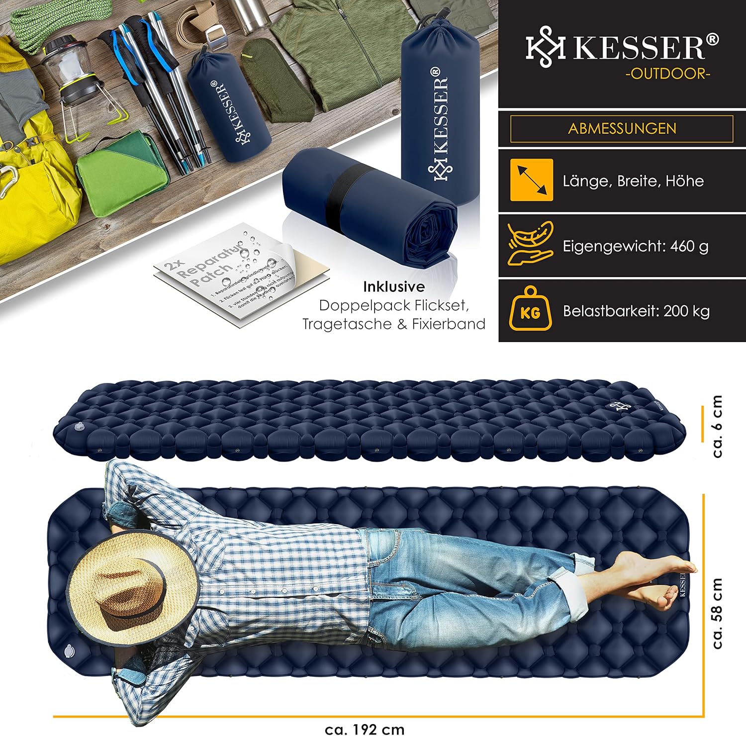 Luchtbed - 1 Persoons - Camping matras - Opblaasbed - Blauw - KESSER®