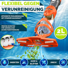 tillvex Zwembadzuiger met accu en telescoopstang tot 15 m³, elektrische zwembadreiniger met 2 filters, 60 minuten looptijd en turbomodus, handstofzuiger, reinigingsset, draadloos (oranje/antraciet) •