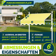 tillvex Klemluifel met handslinger, balkon, balkonluifel zonder boren, luifel uv-bestendig en in hoogte verstelbaar, zonwering voor terras en tuin, waterdicht (geel-wit, 200 cm)
