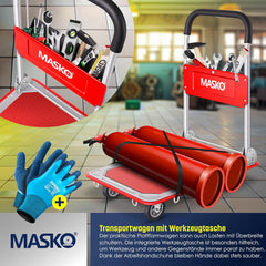 MASKO® Platformwagen, transportwagen, magazijnwagen, inklapbaar, incl. werkhandschoenen, parkeerrem, transporthulp, met 6 veiligheidsogen, 360° zwenkwielen, pakketwagen vouwwagen (rood, 150 kg)