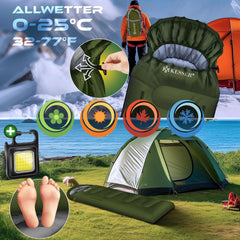 KESSER® Slaapzak voor buiten, dekenslaapzak, 3-4 seizoenen, campingslaapzak voor volwassenen en kinderen, licht, draagbaar, warm en waterafstotend, inclusief campinglamp en zijzak, groen