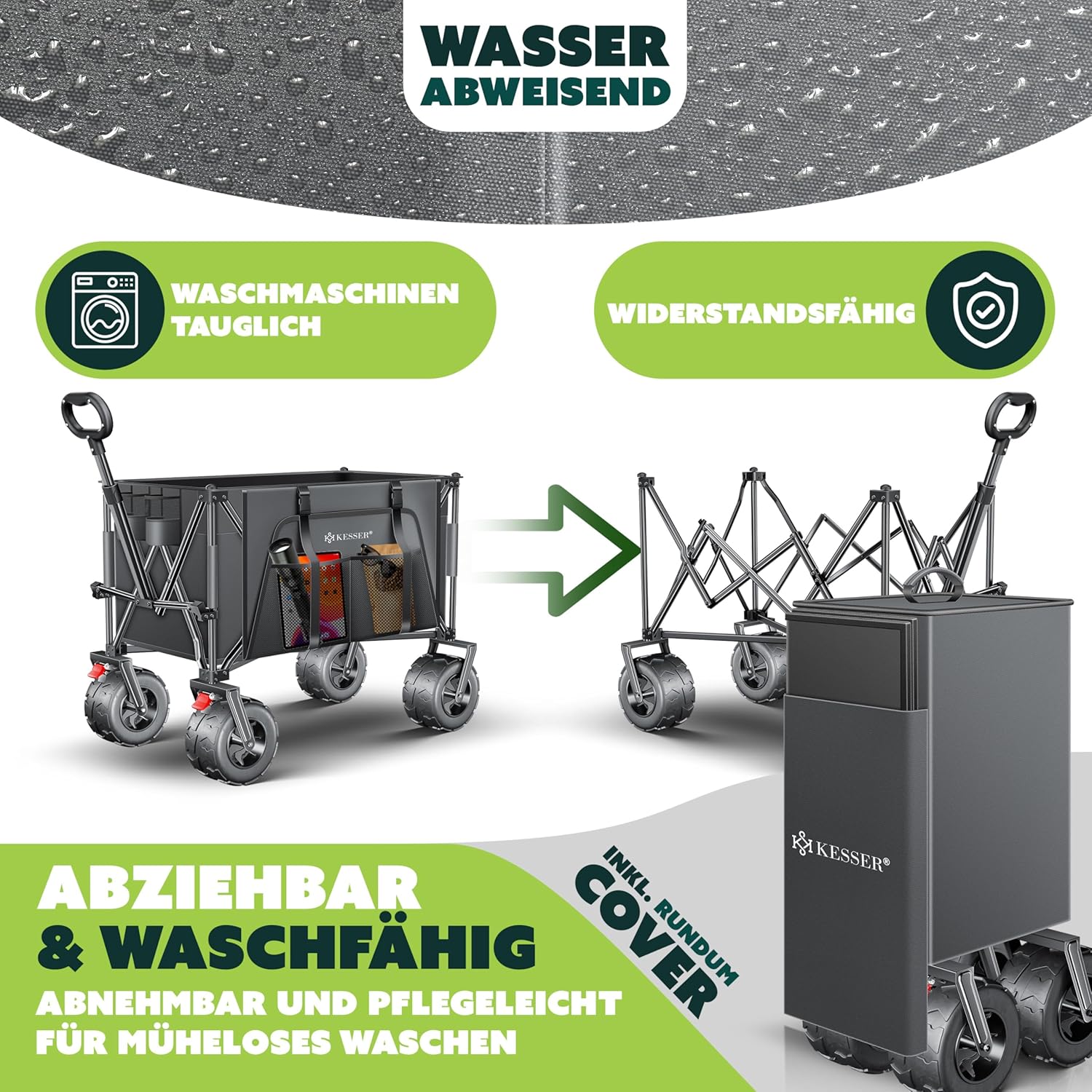 KESSER® Bolderkar, GTR9000, handwagen, 200 kg, 300 liter, opvouwbaar, brede 360° luchtwielen en parkeerremmen, weerbestendig, strandwagen, incl. afdekking, zijzak en bekerhouder