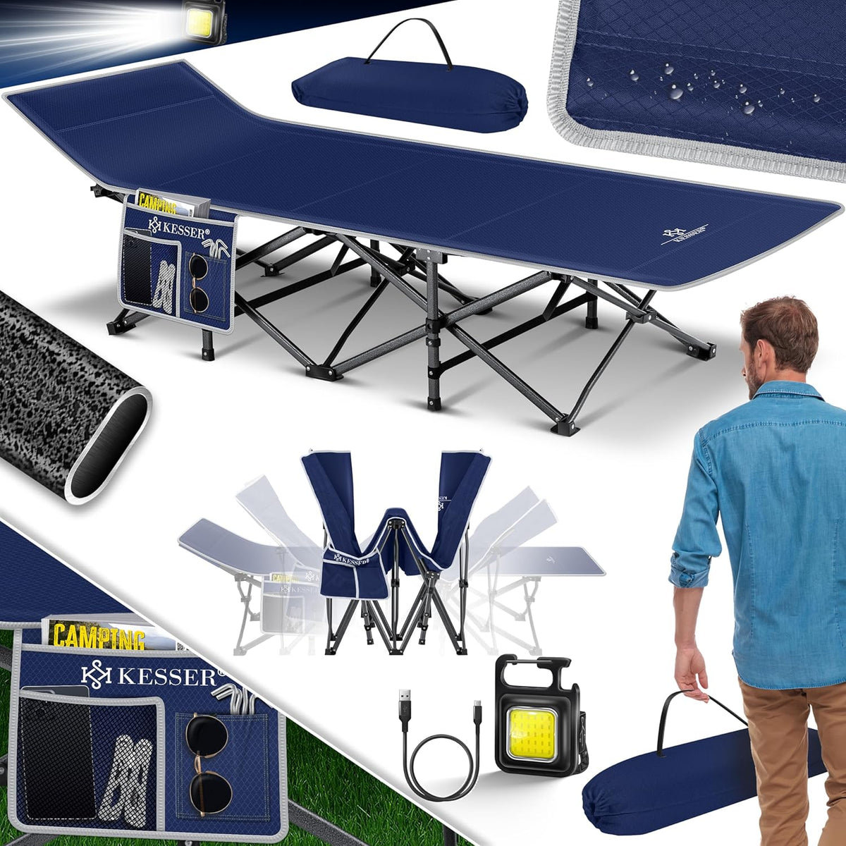 KESSER® Campingbed, veldbed, inklapbaar, incl. draagtas, campinglicht + zijzak, stabiel veldbed, 250 kg belastbaar, metalen buis, 600D Oxford-weefsel, draagbaar ligbed