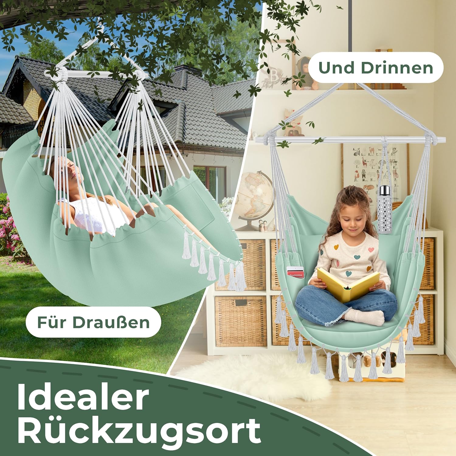KESSER® Hangstoel Safari XXL Hangstoel voor Volwassenen en Kinderen Hangmat tot 150 kg Hangstoel Ophanging Indoor Outdoor Wonen Incl. draagtas, 2 kussens, bekerhouder & Boekenvak, Lichtgroen