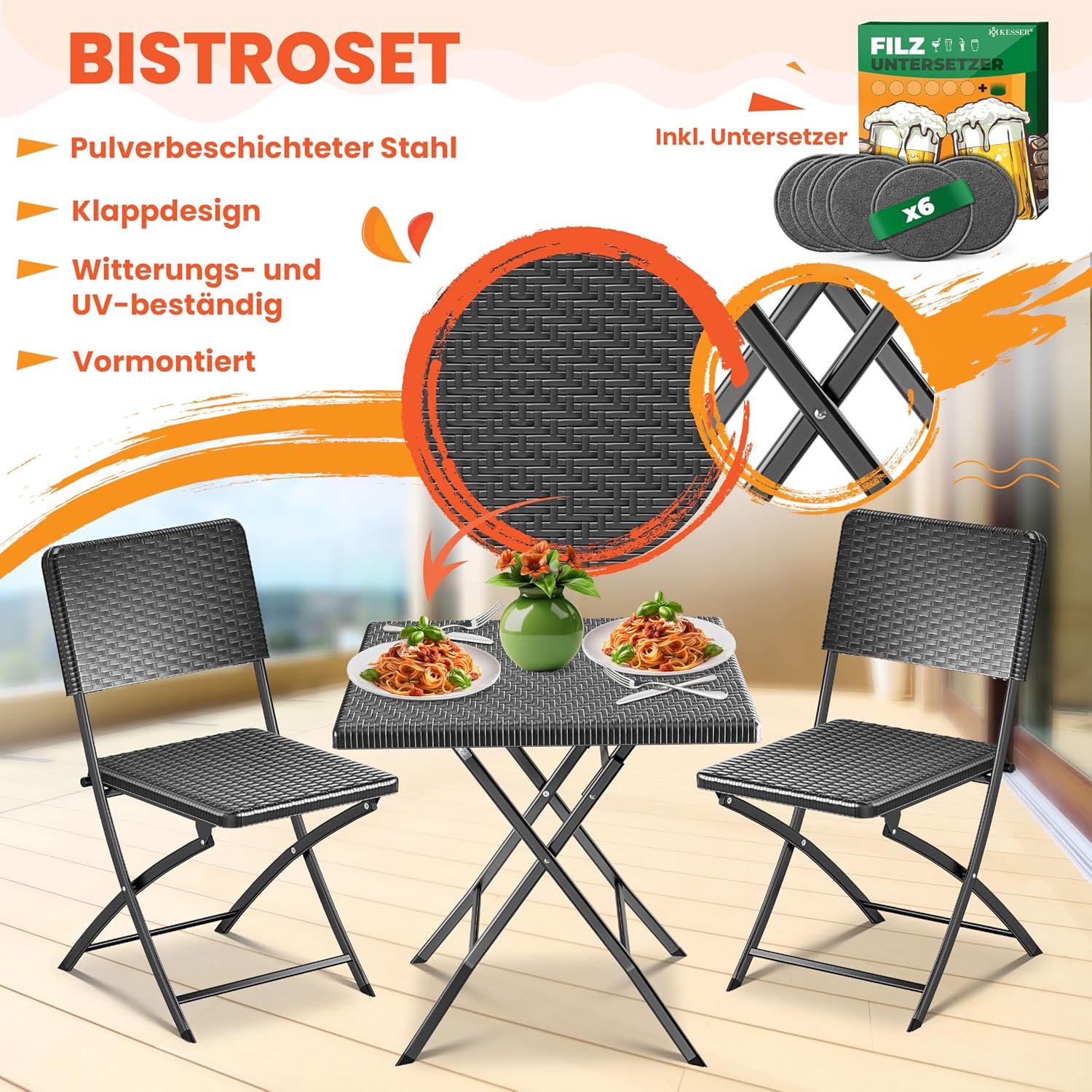 KESSER® Bistroset 3-delige balkontafel met 2 stoelen, balkonmeubel, weerbestendig en uv-bestendig, balkonset, inklapbare zitgroep, gecoat staal en rotan-look, tuinmeubelset met 6 vilten onderzetters