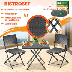 KESSER® Bistroset 3-delige balkontafel met 2 stoelen, balkonmeubel, weerbestendig en uv-bestendig, balkonset, inklapbare zitgroep, gecoat staal en rotan-look, tuinmeubelset met 6 vilten onderzetters