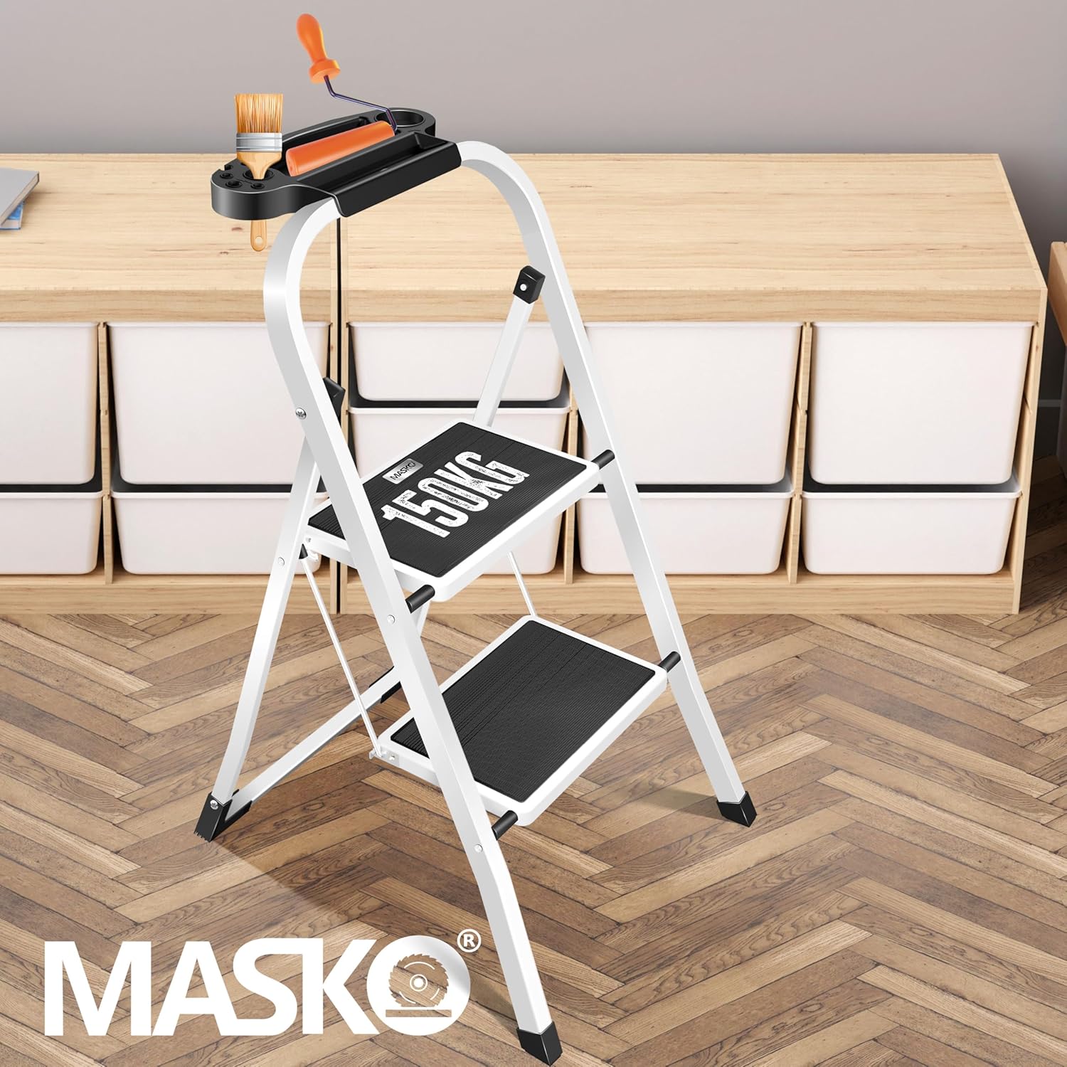 MASKO® Trapladder, vouwladder met 2 treden, belastbaar tot 150 kg, antislip, incl. handschoenen, gereedschapshouder en automatisch slot, wit
