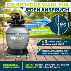 tillvex® Zandfilter zwembad zonder pomp + filterballen | filterketel zwembadfilter incl. adapter Ø 32-38 mm | zandfilterketel + 7-wegventiel, manometer en zuigslang (grijs, tot 50 m³ (50.000 liter