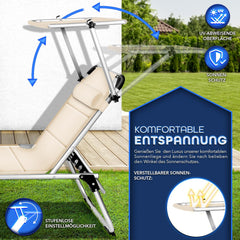 tillvex Zonneligstoel met dak en hoofdkussen, tuinstoel, inklapbaar, strandstoel met verstelbare rugleuning, aluminium ligstoel (beige, ligstoel met bekleding Premium)