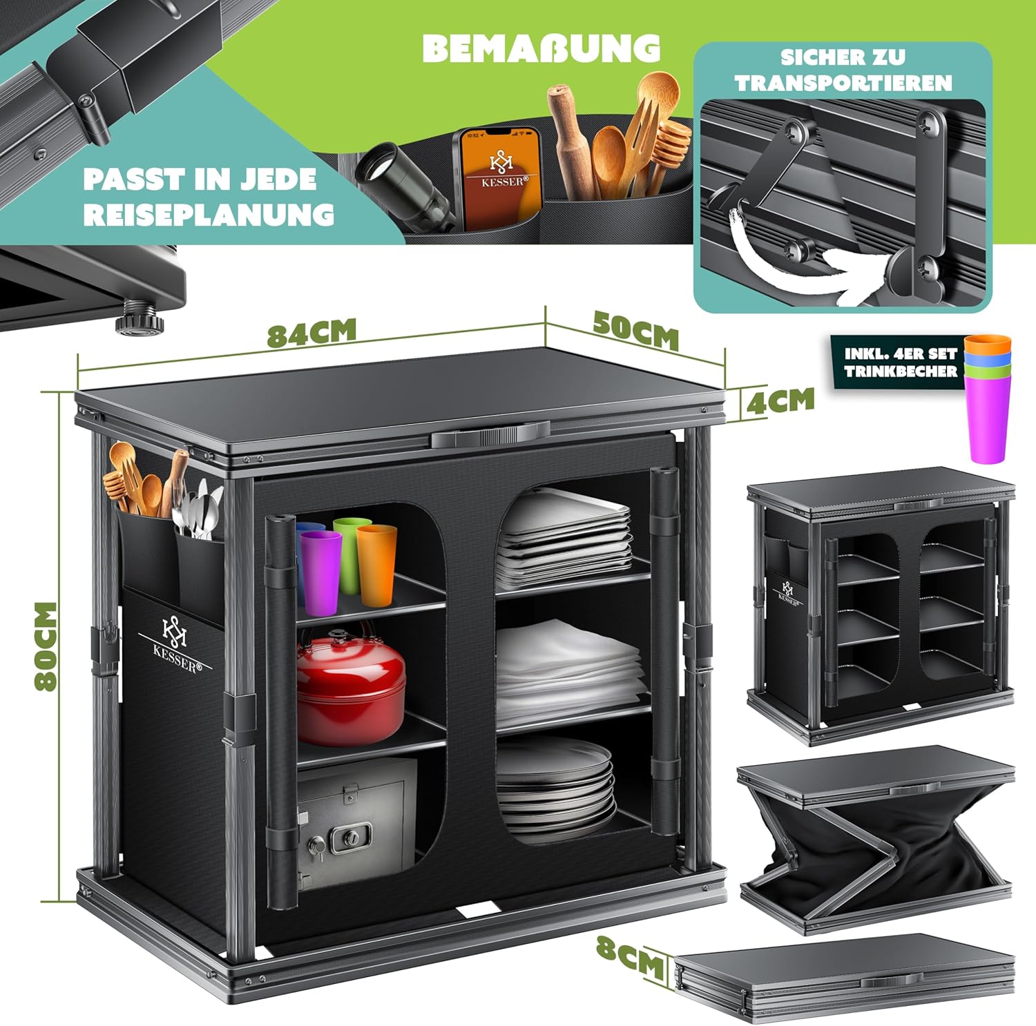 KESSER® Campingkeuken, opvouwbaar, outdoor campingkast, 84 x 80 cm, keukenkast met aluminium frame, 6 vakken incl. 4-delige bekerset, zijvakken en vliegengaas, campingkeuken van UV-bestendige stof