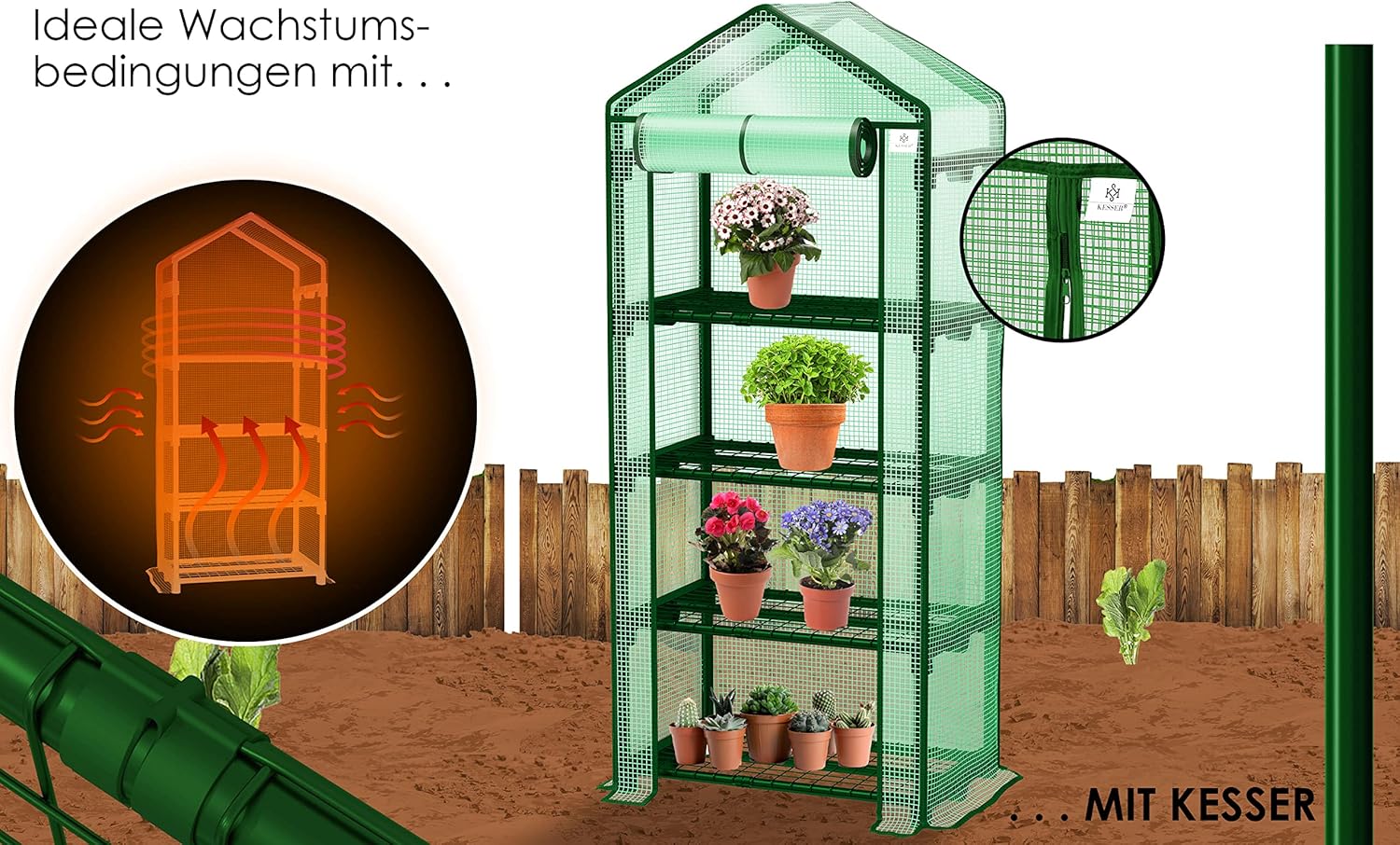 KESSER® Premium foliekas, broeikas met 4 etages, 69 x 50 x 158 cm, broeikas met 4 planken, ruimtebesparend, hoogwaardig kweekhuis, tuin, balkon, stabiel en eenvoudig te monteren
