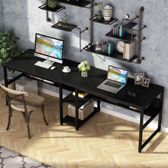 Tribesigns Tweepersoons bureau met boekenplank, 200x60 cm computer kantoor dubbel bureau voor twee personen, rustiek schrijfbureau werkstation met plank voor thuiskantoor (zwart)