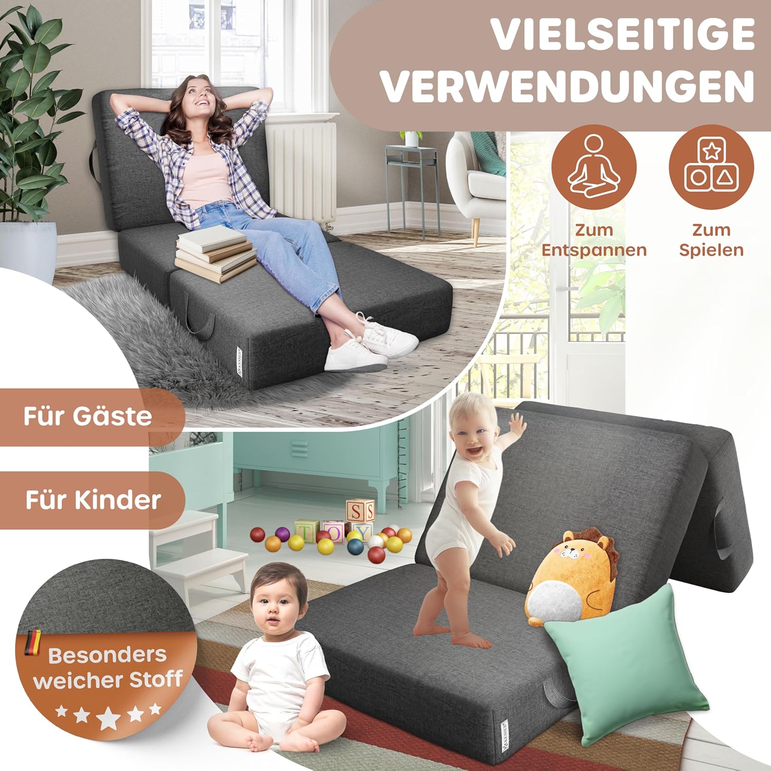 KESSER® Vouwmatras, 90 x 200 x 15 cm, gastenmatras, 3-voudig opvouwbaar, voor zitkruk, vouwmatras, schuimrubber, 25 kg/m³, extra dik, 15 cm, ademend, wasbaar, afneembare overtrek