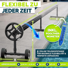 tillvex Pool haspel Premium 3-5,70 m met massief rubberen banden incl. thermometer & banden | oprolsysteem voor zonnefolie | oprolsysteem voor zwembadzeil & afdekking | weerbestendig materiaal