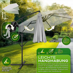 tillvex® Aluminium parasol, rechthoekig, diameter 330 cm, + afdekking met zwengel, rechthoekig, met standaard en windbescherming, tuinparasol, uv-bescherming aluminium, zwengelparasol, marktparasol, grijs