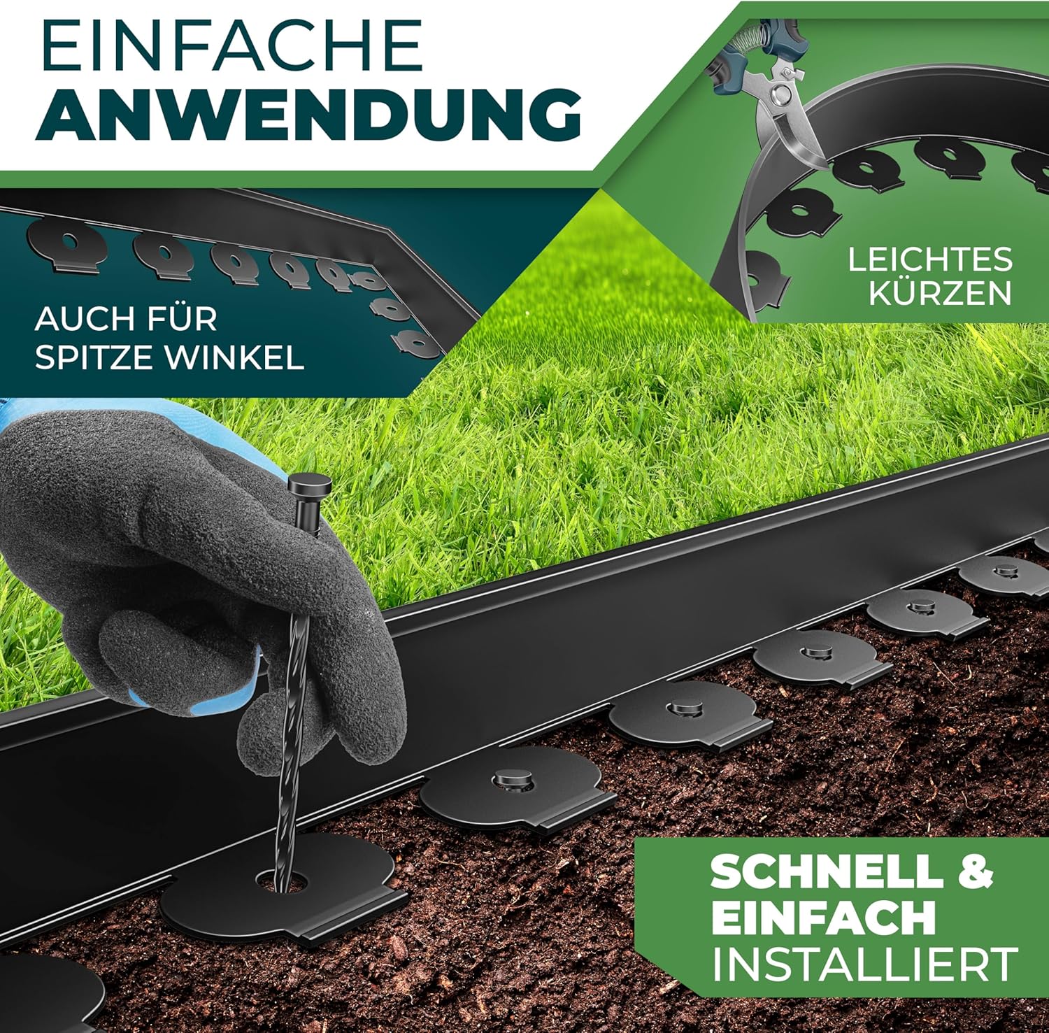 KESSER® Flexibele gazonrand van kunststof, lengte 10 m, hoogte 5 cm, met 65 grondankers + 1 paar handschoenen, borderrand, bloembegrenzing, maaikant, bestratingstenen, palissade - zwart