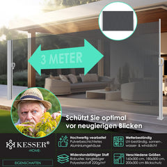 KESSER® Aluminium zijluifel, uittrekbaar en ondoorzichtig, 300 x 180 cm, tuinscherm en windscherm met oprolmechanisme voor balkon en terras, zijrolgordijn incl. regenhoes met wandhouder, donkergrijs