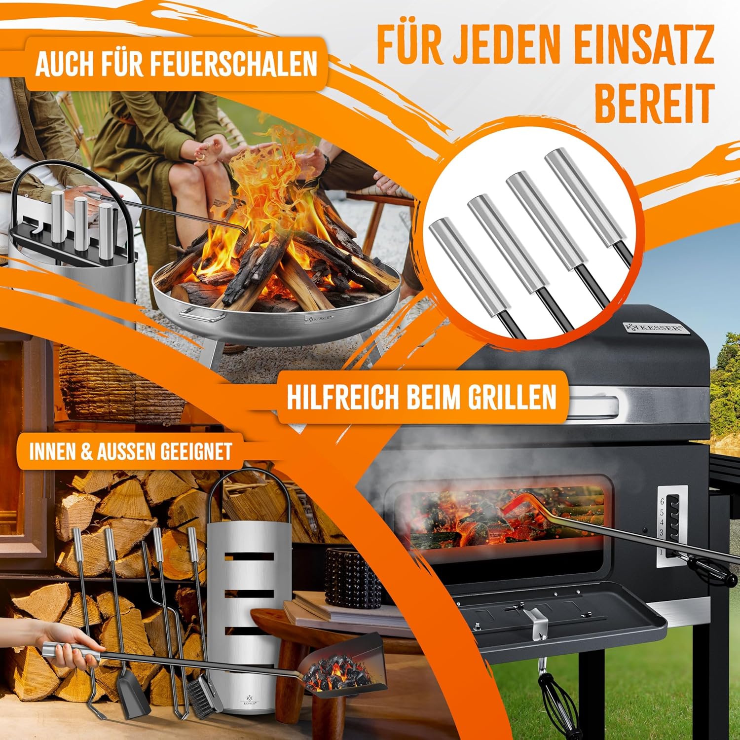 KESSER® Haardaccessoires, 5-delige haardbestek, modern design, gecoat, hoogwaardig haardgarnituur uit 5 delen: bezem, schep, pookhaak, tang, standaard met zichtbescherming, roestvrij staal, zilver