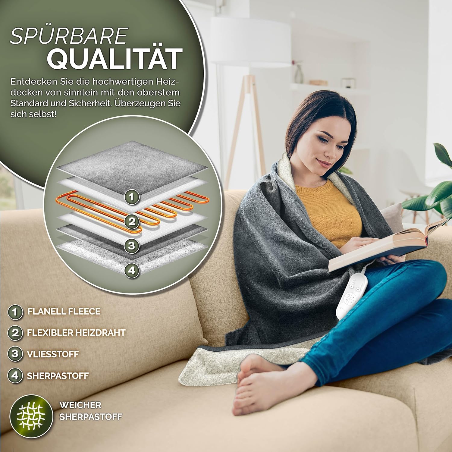 sinnlein® Elektrische deken met automatische uitschakeling, 200 x 180 cm, elektrische warmtedeken met 9 temperatuurniveaus, knuffeldeken, wasbaar, bed, bank, elektrische deken, met